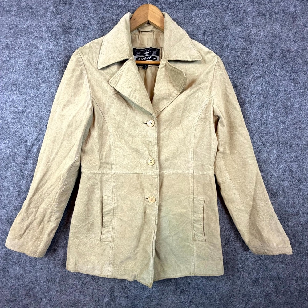 Vintage Urban Vibe Suede Leather Jacket‎ Women Medium Y2K Beige Single Breasted